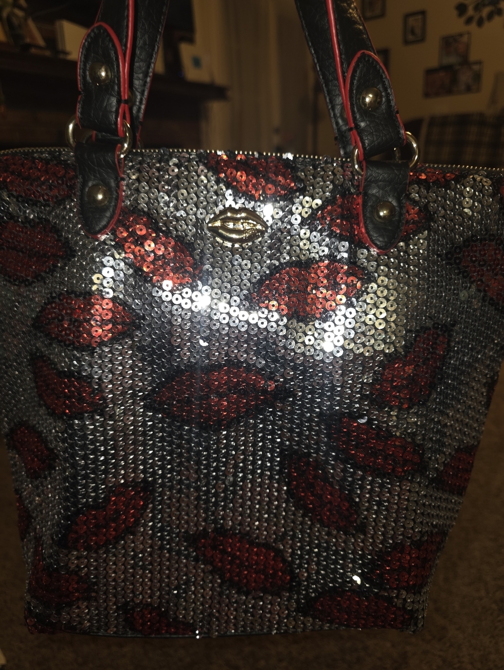 Juicy Couture Red Lip Sequin Tote with Silver Sparkle